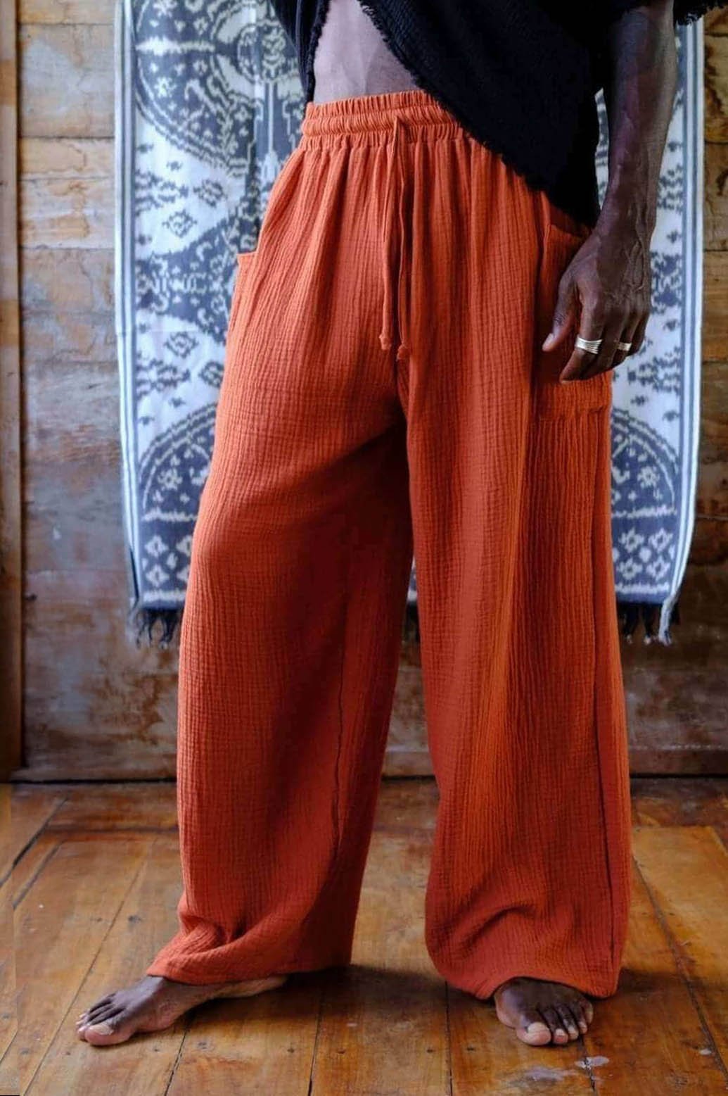 Flowy linen clothing for Bali: terracotta wide-leg pants