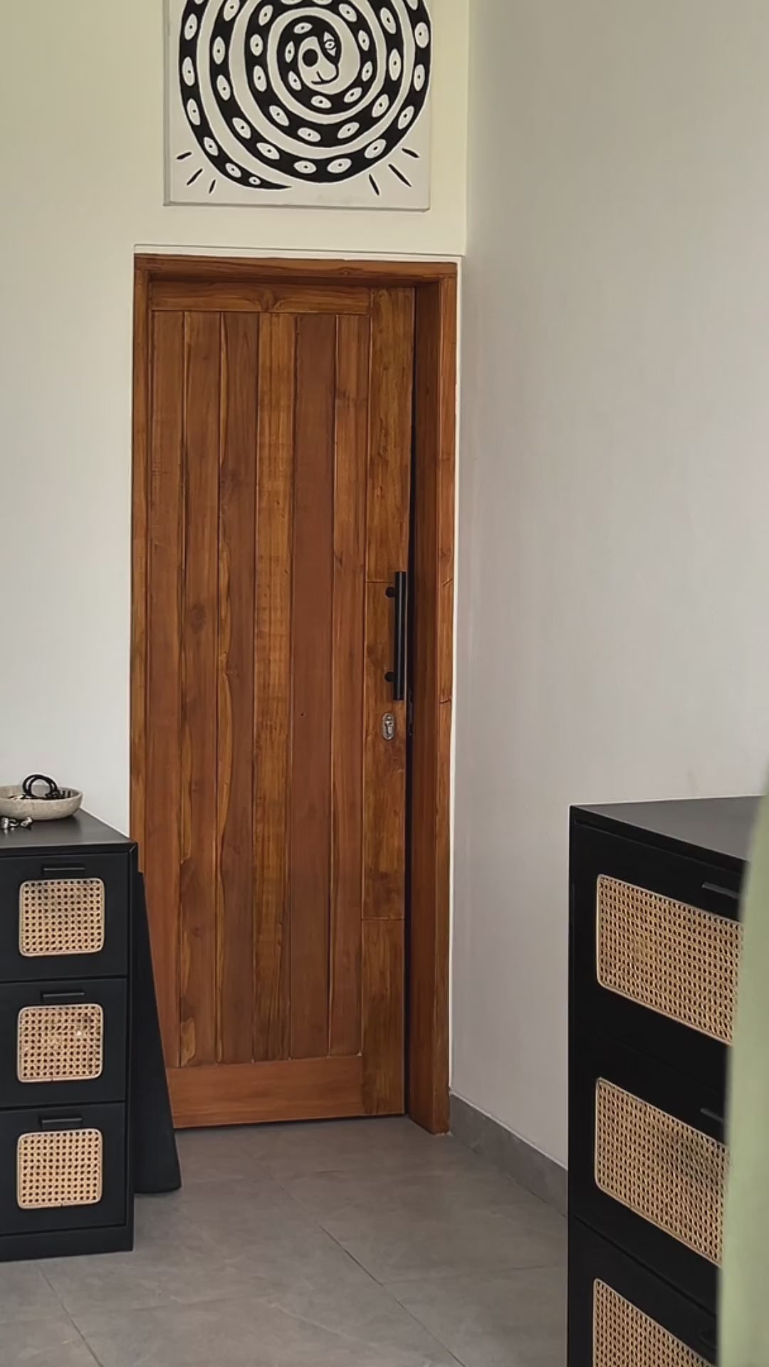 Ugc video of woman wearing cotton matcha trousers and entering the room in bali excited to show outfit idea for 2026 