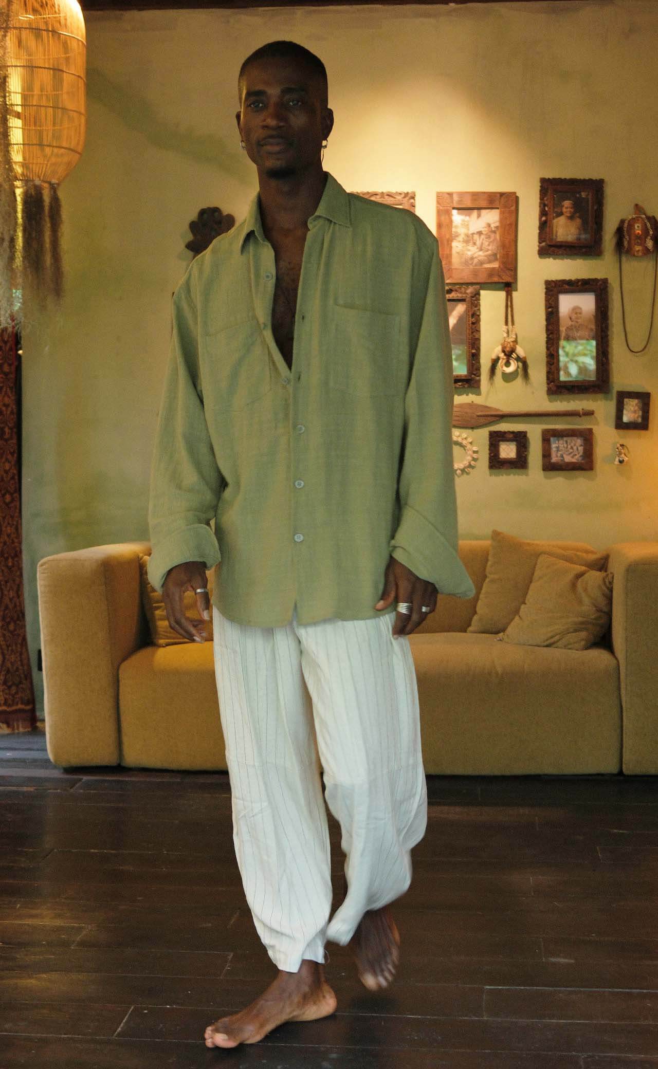 Sage Oversized Shirt worn casually, showcasing premium cotton, perfect for summer and spring, ideal for office look and lounging.