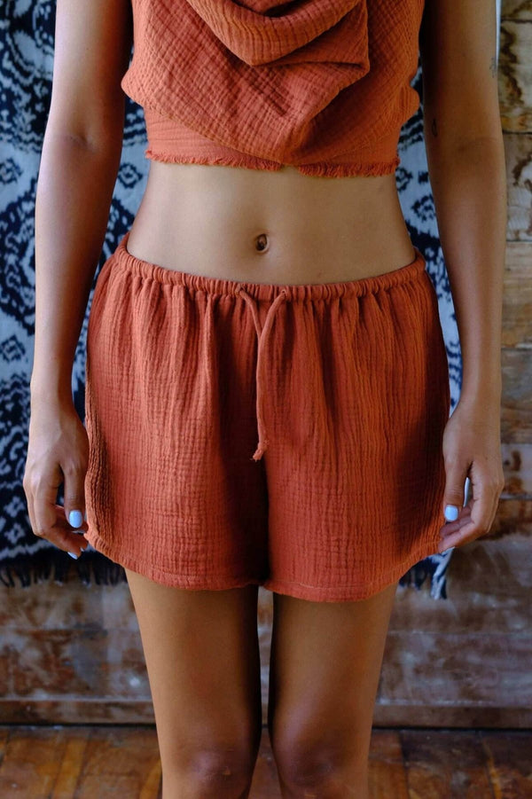 Brown Sahara Woman Short made from cotton bubble texture shorts, relaxed fit for breathable summer wear.