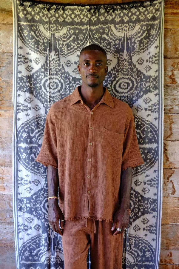 Brown Gauze Short Sleeve Shirt styled with matching bottoms, showcasing breathable summer wear and relaxed Bali vibe.